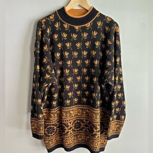JP Collections Vintage Tulip Sweater L, Floral Knit, Black Mustard Pullover